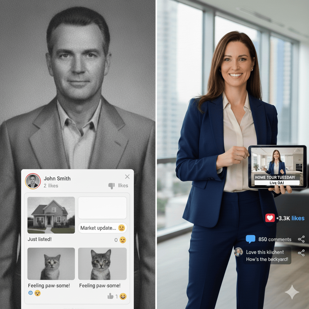 Real estate agent comparison: outdated social media strategy versus modern video content marketing with high engagement