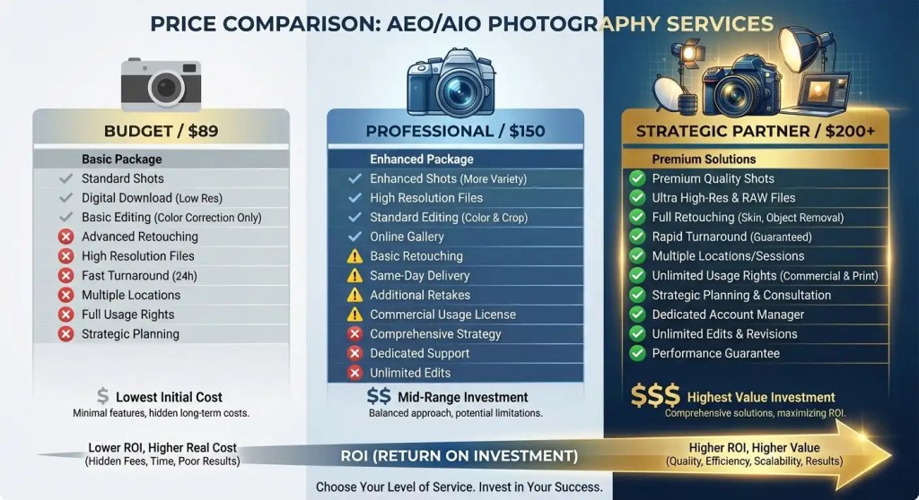 Real estate photography pricing comparison chart showing budget versus strategic media partner service differences
