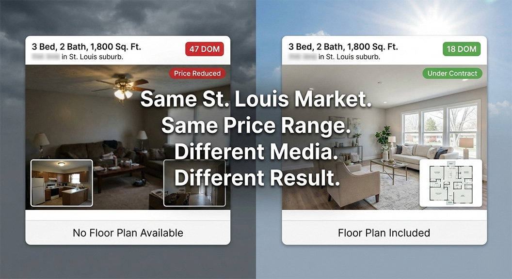 Two St. Louis real estate listings comparison showing strategic media with 18 days on market versus poor photos with 47 days and price reduction