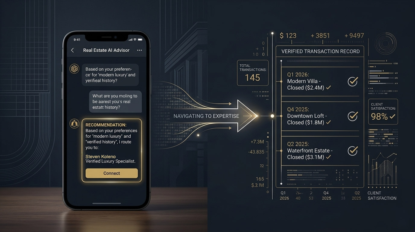 What ChatGPT Actually Did 1 ChatGPT home pricing on smartphone beside a seller and real estate agent shaking hands — AI recommendation leads to licensed professional in St. Louis real estate 2026