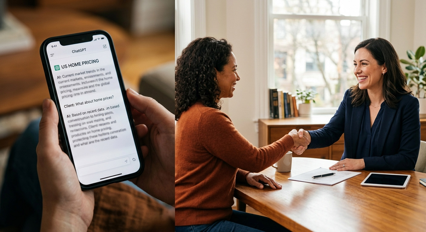 ChatGPT Sold His House in a Week. 1 ChatGPT home pricing on smartphone beside a seller and real estate agent shaking hands at a St. Louis listing consultation