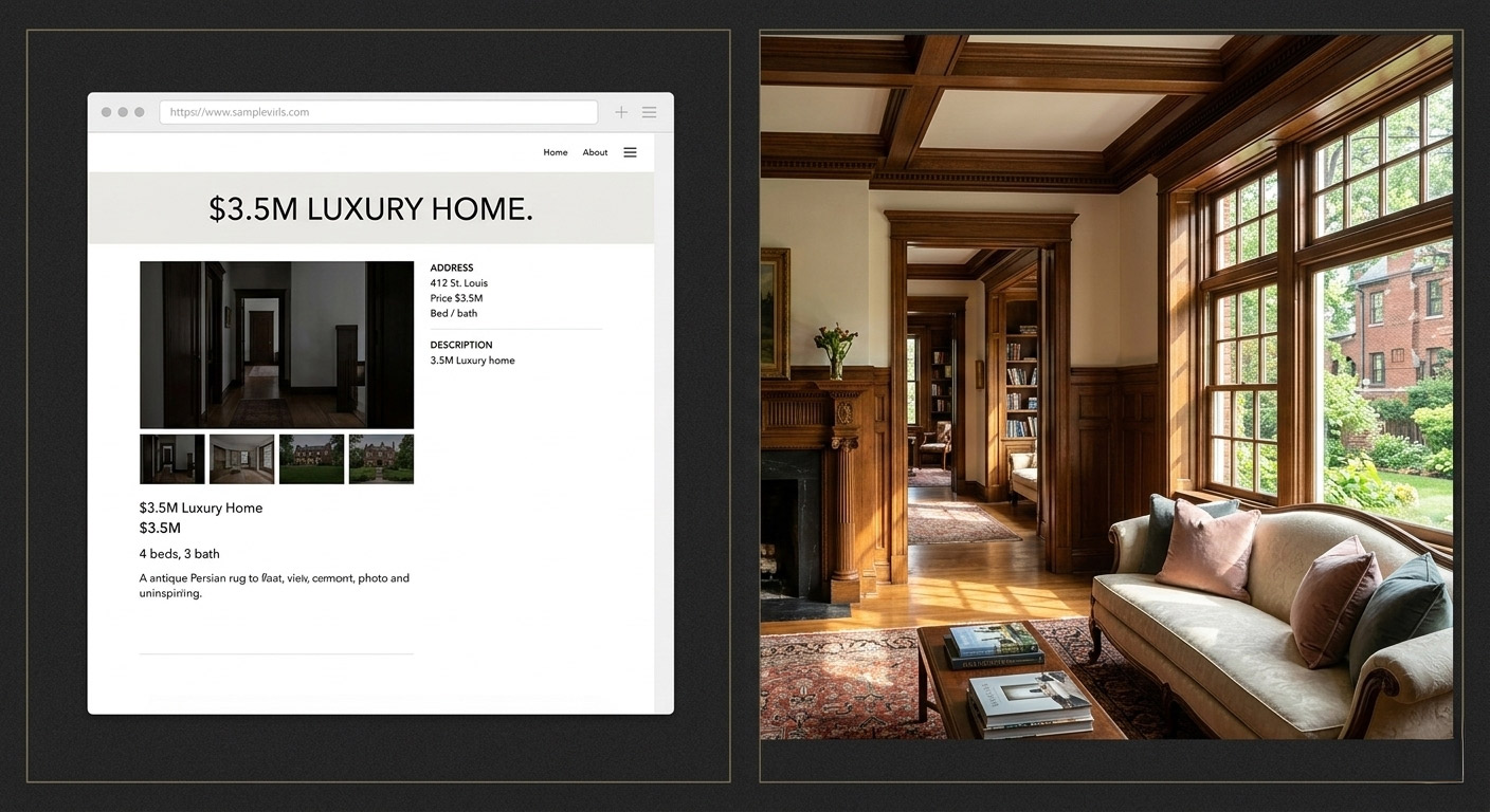 Split screen comparison of a 7-photo luxury listing versus HFP strategic twilight photography for a Ladue St. Louis estate